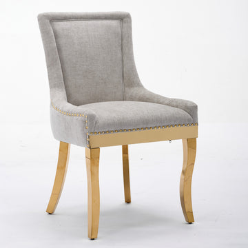 Chenille Dining Chairs, Modern Style with Curved Gold - Plated Legs & Rivet Trim, Upholstered Comfort for Dining/Lounge, Accent Seating with Textured Fabric & One - Piece Structure, Beige/Black/Gray/Green,Set of 2