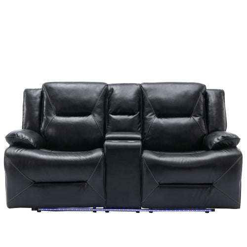 2 Seater Home Theater Recliner Manual Recliner Chair with a LED Light Strip Two Cup Holders and a Storage Box for Living Room,Bedroom, Black