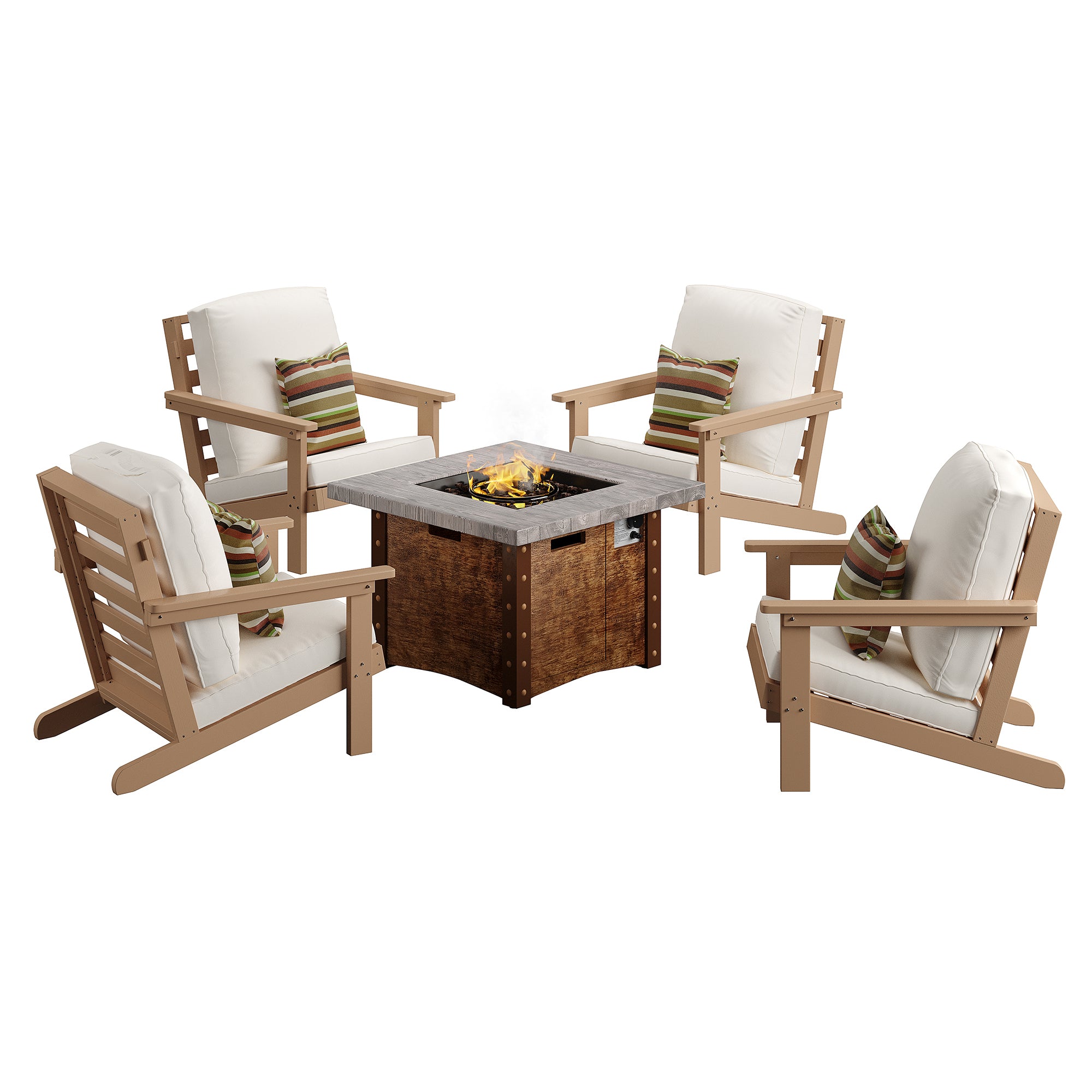 Outdoor Patio Lounge Chair set of 5 in. White with 34.5 in. Propane Fire Pit Table