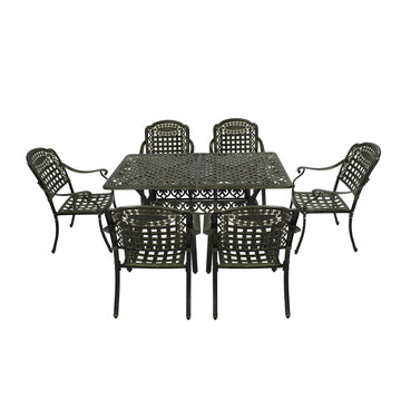 Cast Aluminium Patio-Set 7-Piece Bronze Patio Dining Set Aluminum Rectangle Table with 6 Stationary Chairs