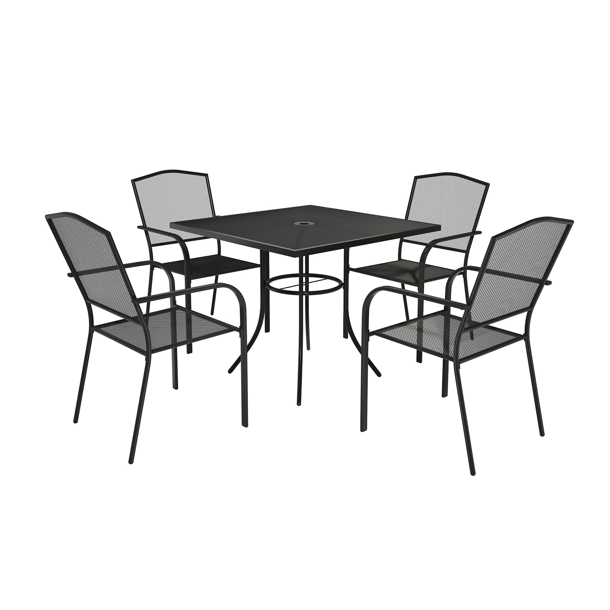 Patio Bistro Set of 5 Square Patio Side Table and Black Metal Patio Chairs Wrought Iron Outdoor Dining Set Steel Stackable Patio Bistro Chairs Table with Umbrella Hole