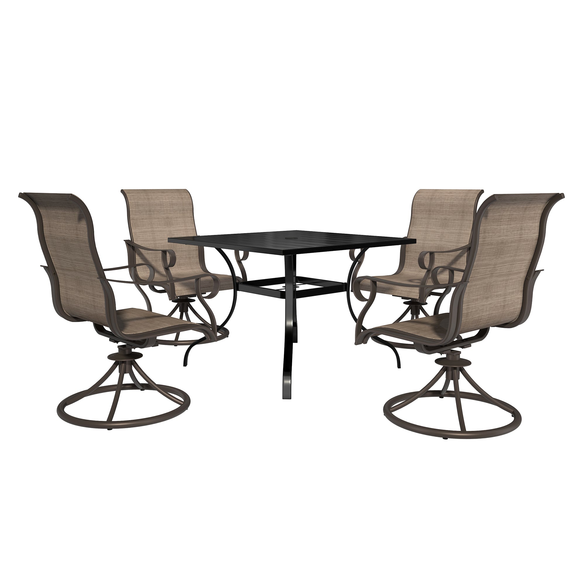 Outdoor 5-piece Steel Patio Swivel Chair Dining Table Set (1 square table, 4 chairs), The Table Is Fully Coated With Electronic Coating And Powder Coating, Suitable For Multiple Scenes