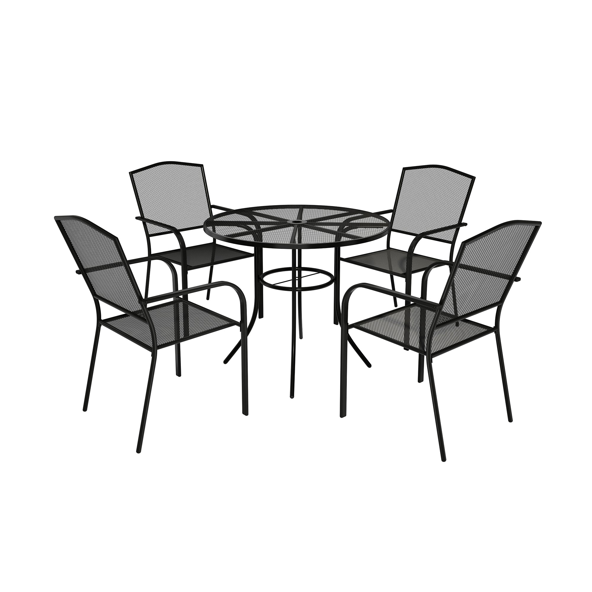 Patio Bistro Set of 5 Round Patio Side Table and Metal Patio Chairs Wrought Iron Outdoor Dining Set Steel Stackable Patio Bistro Chairs Black Table with Umbrella Hole