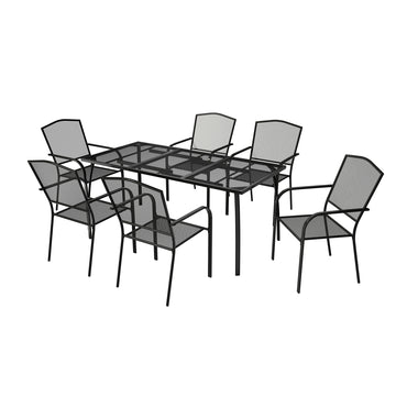 Black Courtyard Steel Mesh Outdoor Dining Table 7-Piece Set, Extra Large Size 65*31.5 Inches, Suitable For Multiple Scenes