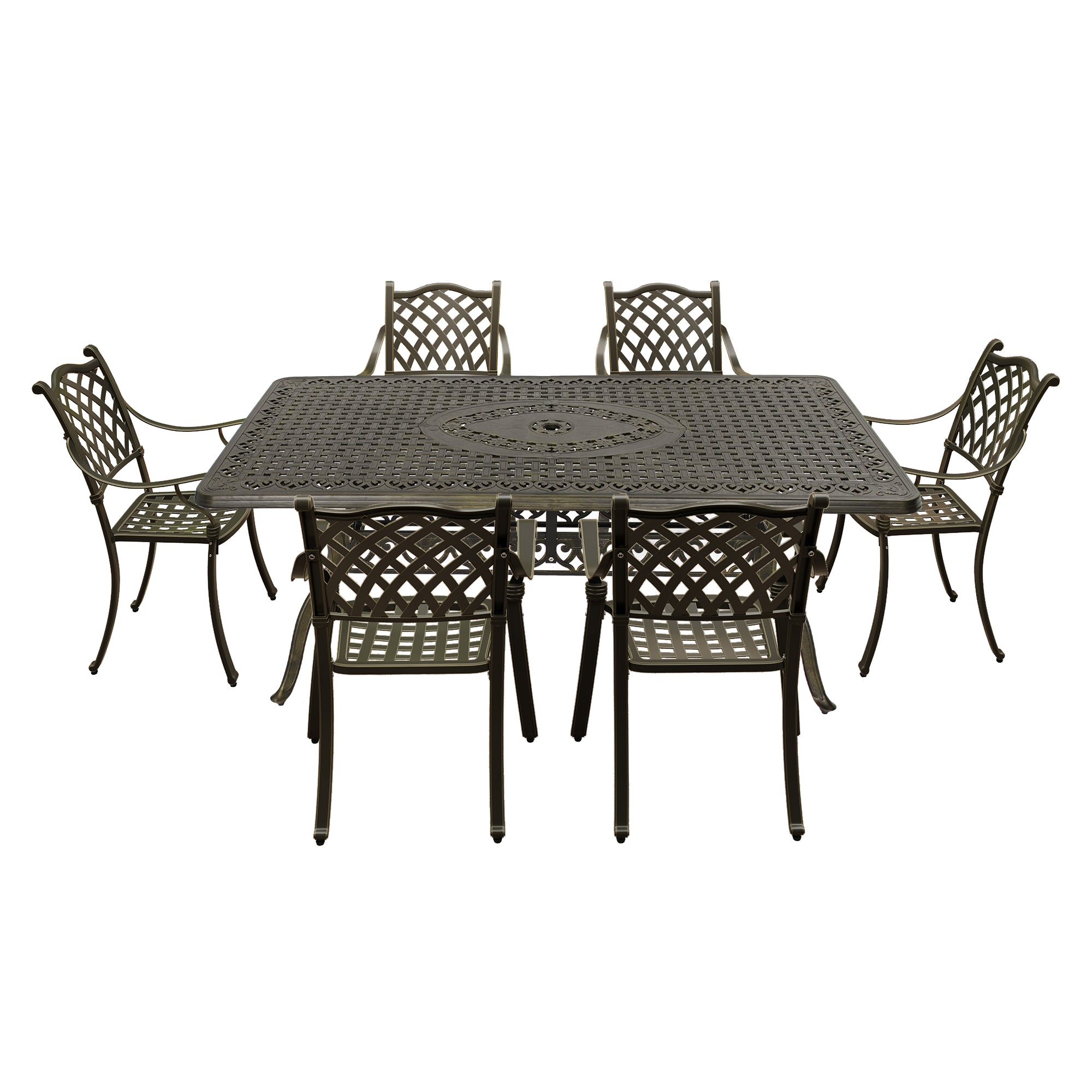 Cast Aluminium Patio-Set 7-Piece Bronze Patio Dining Set Aluminum Rectangle Table, 1 table + 6 chairs