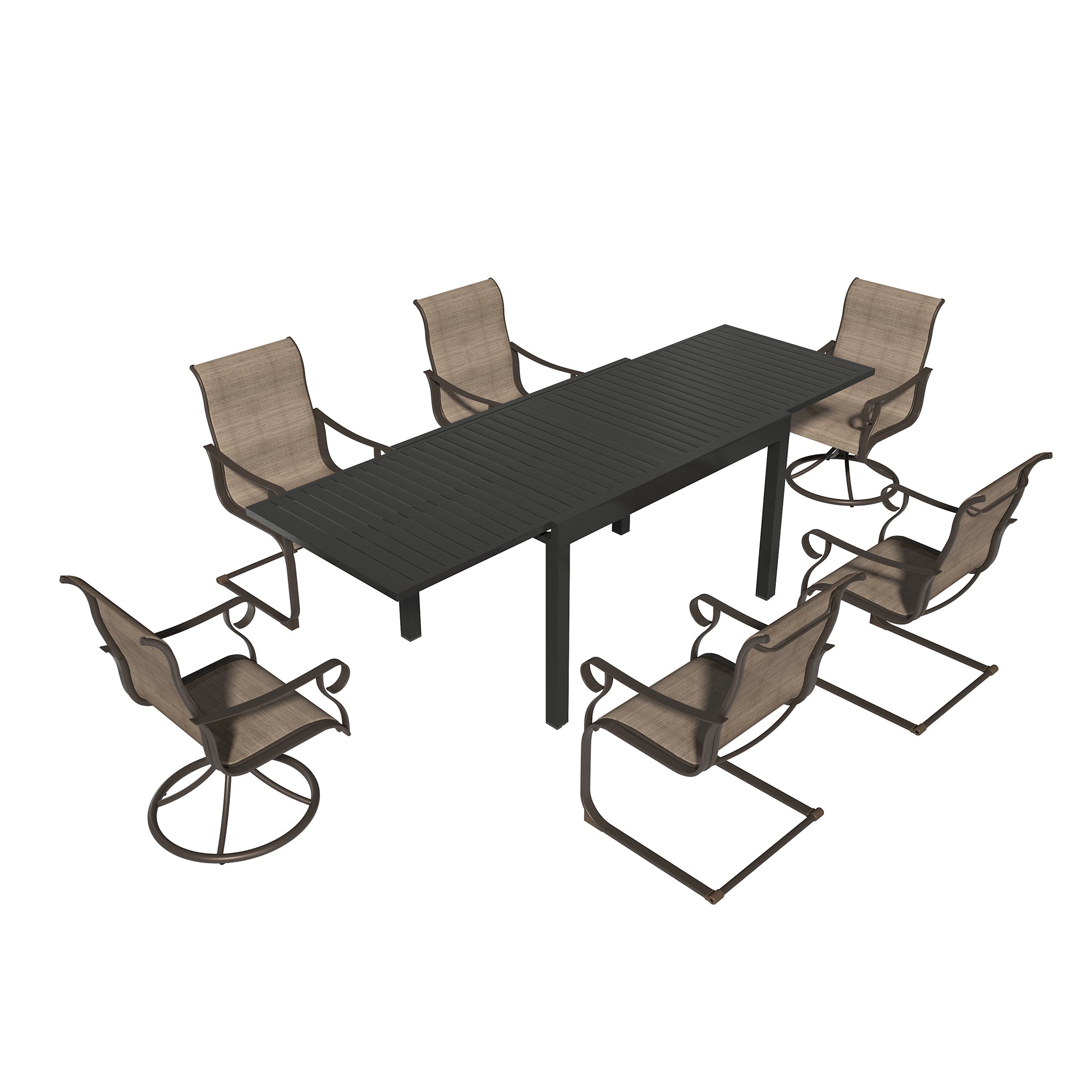 Outdoor 7 Piece Steel Dining Set with Extending Dining Table，Teslin Fabric Seats, Suitable For Various Scenes(1 Table,6 Chairs)