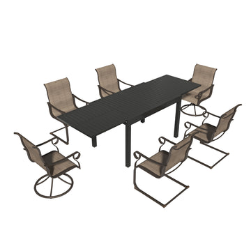 Outdoor 7 Piece Steel Dining Set with Extending Dining Table，Teslin Fabric Seats, Suitable For Various Scenes(1 Table,6 Chairs)