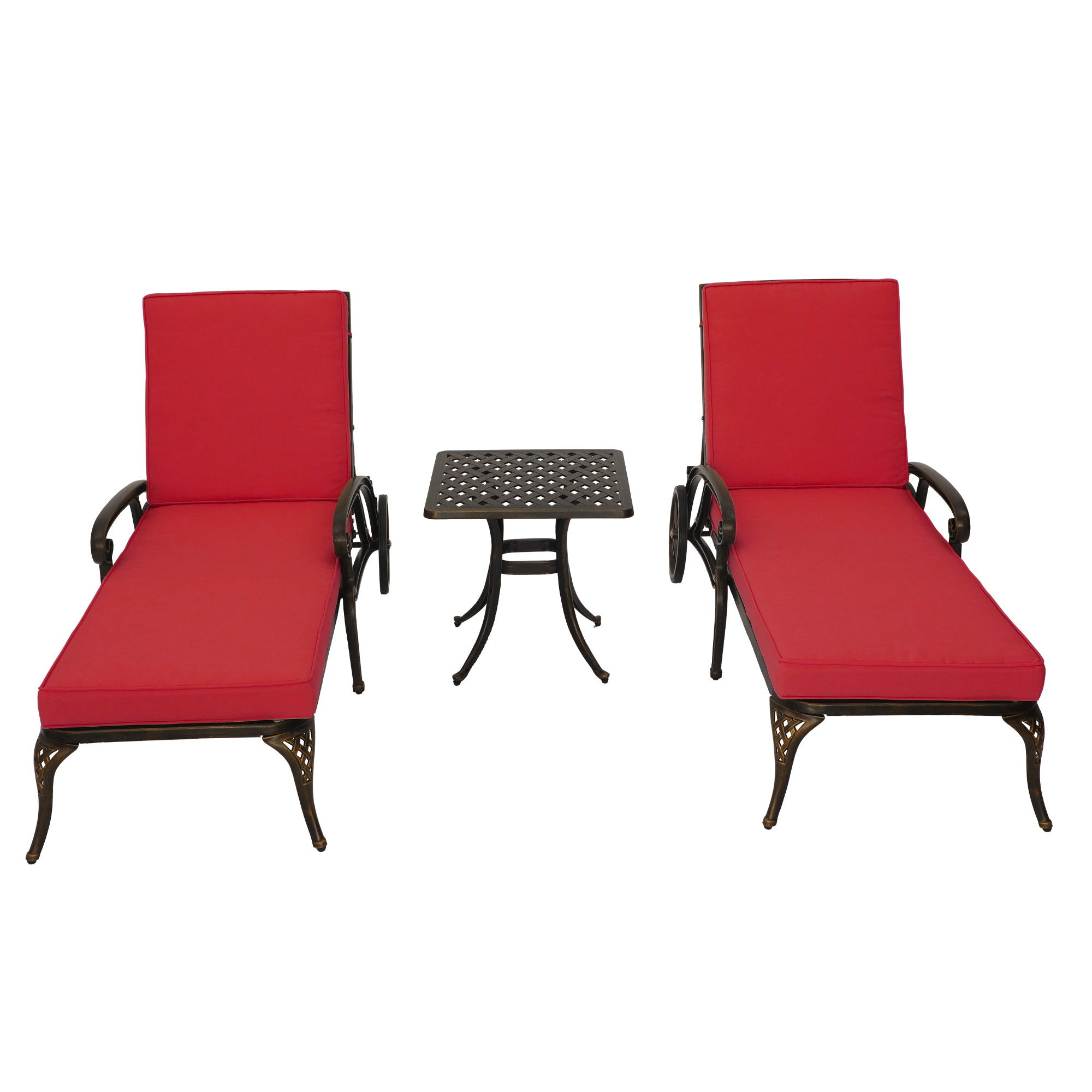 3-Piece Cast Aluminum Outdoor Chaise Lounge with Side Table and Beige/Red Cushion