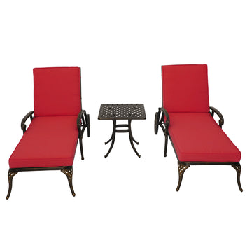 3-Piece Cast Aluminum Outdoor Chaise Lounge with Side Table and Beige/Red Cushion