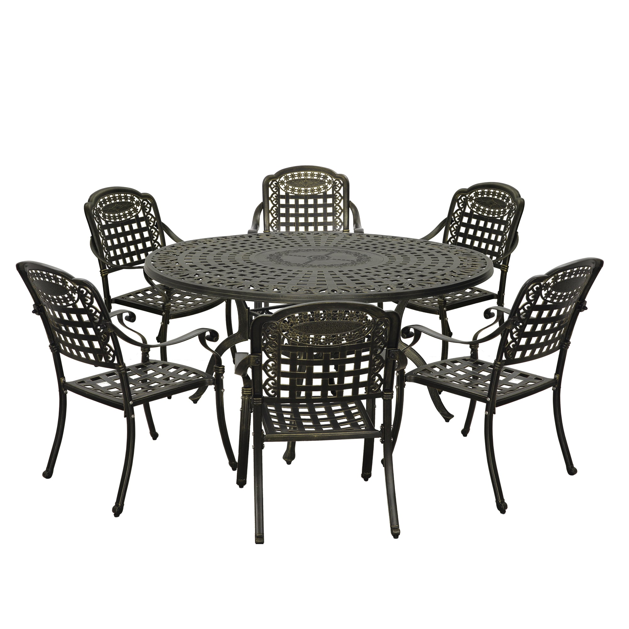 Cast Aluminium Patio-Set 7-Piece Bronze Patio Dining Set Aluminum Round Table with 6 Stationary Chairs