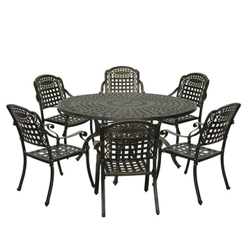 Cast Aluminium Patio-Set 7-Piece Bronze Patio Dining Set Aluminum Round Table with 6 Stationary Chairs