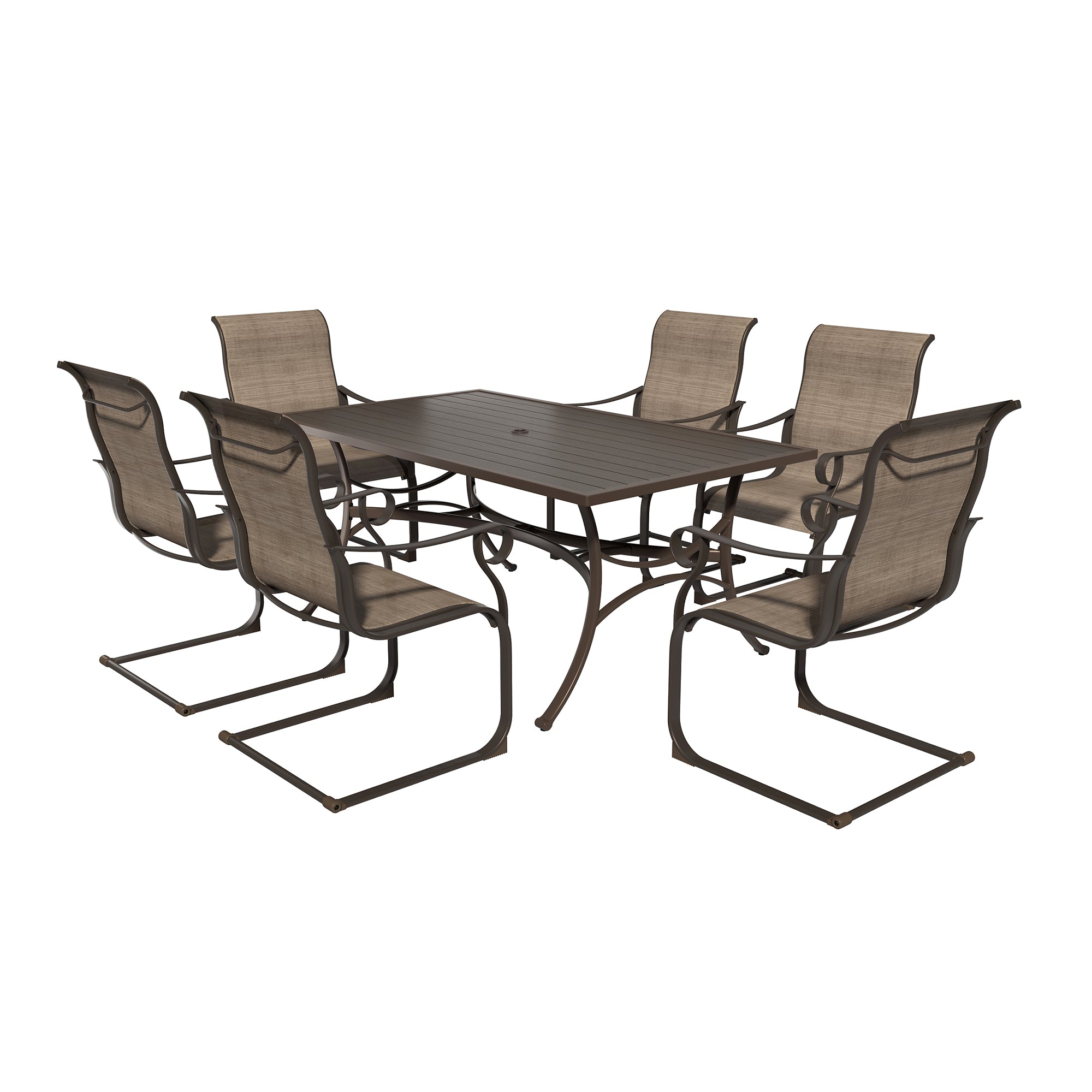 Outdoor Dining Set for 7pcs with 66" Metal Large Patio Table and Chairs Set Swivel Rocking Patio Chairs Rectangle Outdoor Dining Table with Umbrella Hole Patio Furniture Sets for Yard, Garden, Porch