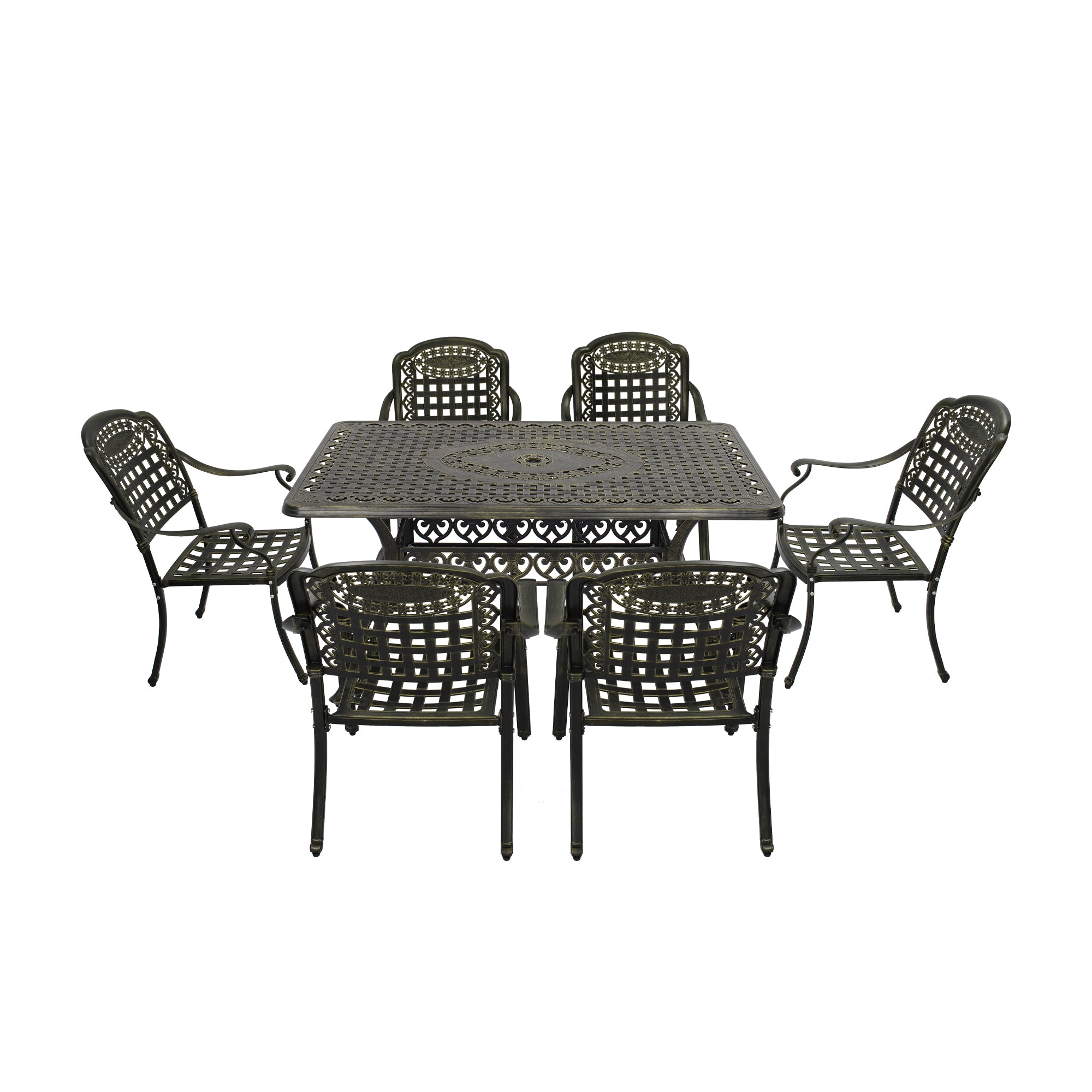 Cast Aluminium Patio-Set 7-Piece Bronze Patio Dining Set Aluminum Rectangle Table with 6 Stationary Chairs