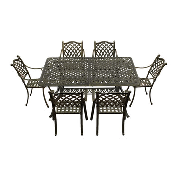 Cast Aluminium Patio-Set 7-Piece Bronze Patio Dining Set Aluminum Rectangle Table with 6 Stationary Chairs