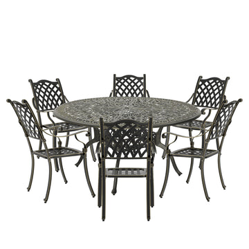 Cast Aluminum Patio Set 7 Piece Bronze Patio Dining Set, 6 Chairs + 1 Table