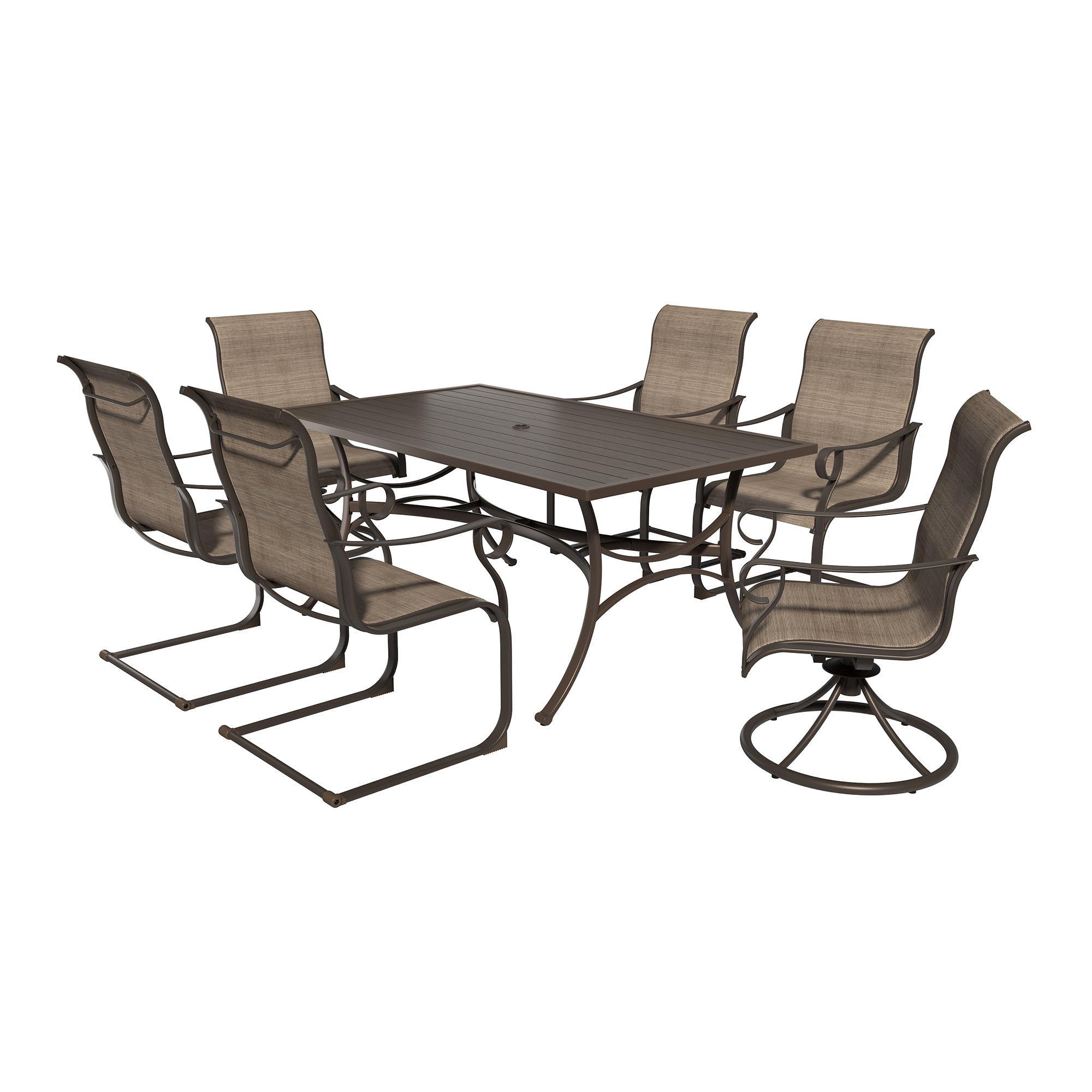 Outdoor Dining Set for 7pcs with 66" Metal Large Patio Table and Chairs Set Swivel Rocking Patio Chairs Rectangle Outdoor Dining Table with Umbrella Hole Patio Furniture Sets for Yard, Garden, Porch