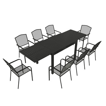 Outdoor 9 Piece Steel Patio Chair Dining Table Set With Telescopic Table, Both Water And Corrosion Resistant (1 Table,8 Chairs)