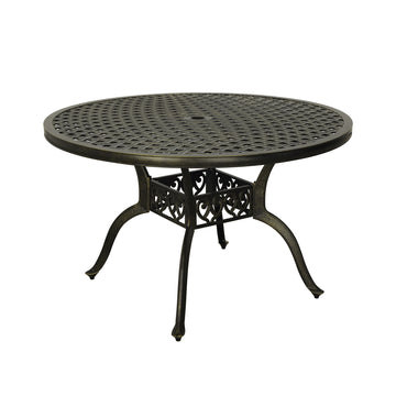 47 in. Cast Aluminum Patio Round Dining Table with Umbrella Hole in Bronze/White