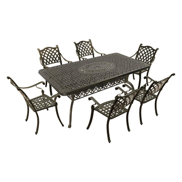 Cast Aluminium Patio-Set 7-Piece Bronze Patio Dining Set Aluminum Rectangle Table, 1 table + 6 chairs