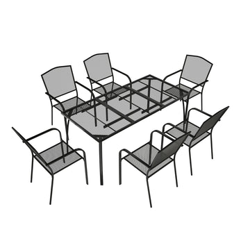 Black Courtyard Steel Mesh Outdoor Dining Table 7-Piece Set, Extra Large Size 65*31.5 Inches, Suitable For Multiple Scenes