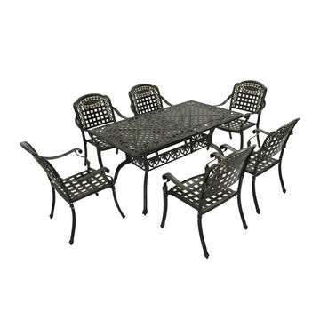 Cast Aluminium Patio-Set 7-Piece Bronze Patio Dining Set Aluminum Rectangle Table with 6 Stationary Chairs