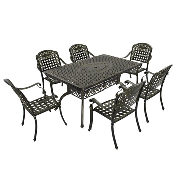 Cast Aluminium Patio-Set 7-Piece Bronze Patio Dining Set Aluminum Rectangle Table with 6 Stationary Chairs