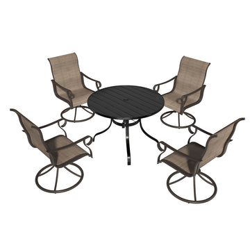 Outdoor 5 Piece Steel Patio Swivel Chair Dining Set(1 Round Table,4 Chairs)，Made From Powder-Coated Steel Frame To Maximize Comfort And Style（Free outdoor umbrella）