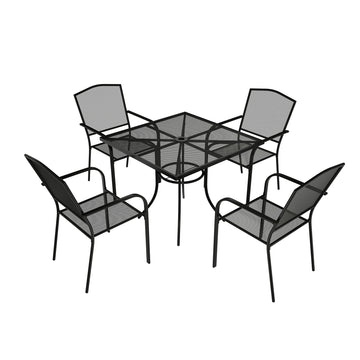 Patio Bistro Set of 5 Square Patio Side Table and Black Metal Patio Chairs Wrought Iron Outdoor Dining Set Steel Stackable Patio Bistro Chairs Table with Umbrella Hole