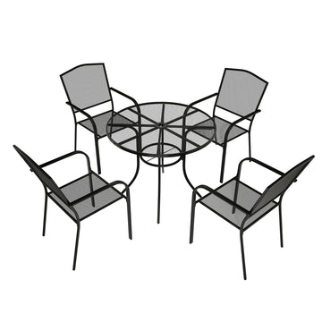 Patio Bistro Set of 5 Round Patio Side Table and Metal Patio Chairs Wrought Iron Outdoor Dining Set Steel Stackable Patio Bistro Chairs Black Table with Umbrella Hole