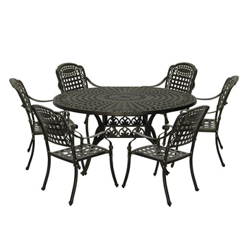 Cast Aluminium Patio-Set 7-Piece Bronze Patio Dining Set Aluminum Round Table with 6 Stationary Chairs