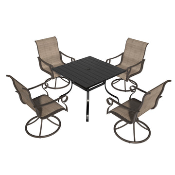 Outdoor 5-piece Steel Patio Swivel Chair Dining Table Set (1 square table, 4 chairs), The Table Is Fully Coated With Electronic Coating And Powder Coating, Suitable For Multiple Scenes