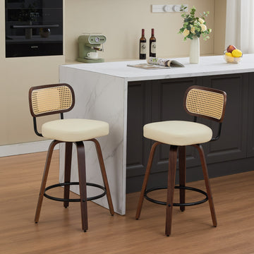 Set of 2/3 Counter Height Bar Stools - 26 inch Rattan Counter Height Stools with Cane Back, Upholstered Seat, Walnut Craftsmanship, Swivel Counter Stools for Island/Kitchen/Counter/Bar