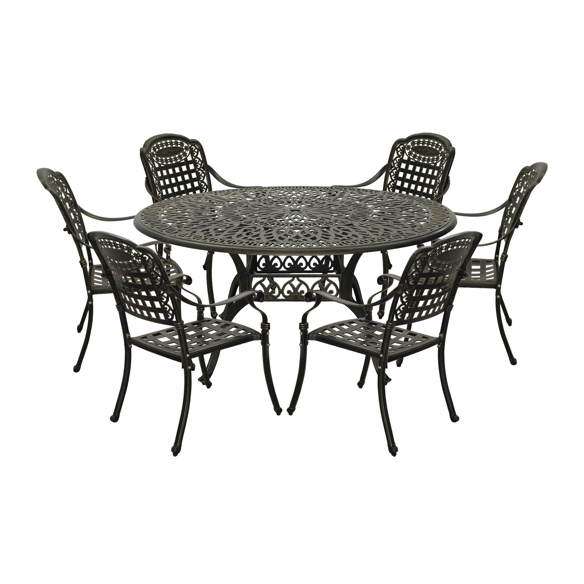 Cast Aluminium Patio-Set 7-Piece Bronze Patio Dining Set Aluminum Round Table with 6 Stationary Chairs, Suitable for backyards, patios, balconies and gardens