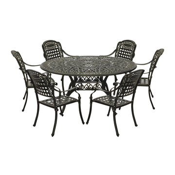 Cast Aluminium Patio-Set 7-Piece Bronze Patio Dining Set Aluminum Round Table with 6 Stationary Chairs, Suitable for backyards, patios, balconies and gardens