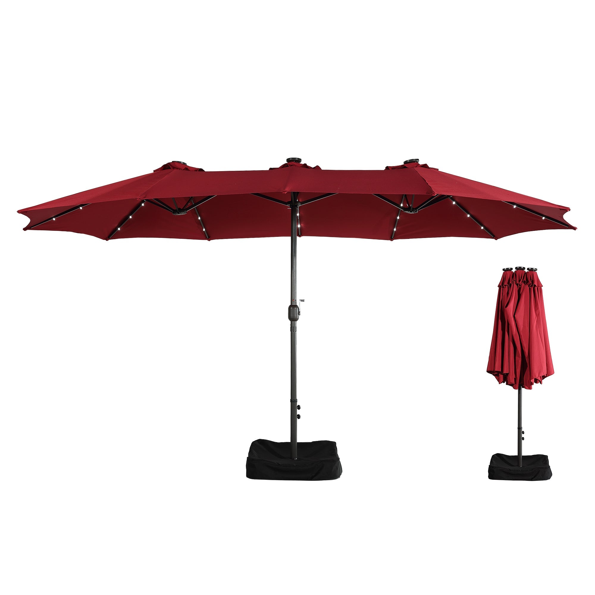 15ft patio umbrella with base included and led lights, outdoor market extra large umbrella, outdoor patio table umbrella, pool umbrella for deck, pool, garden, lawn,Red