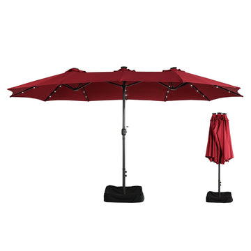 15ft patio umbrella with base included and led lights, outdoor market extra large umbrella, outdoor patio table umbrella, pool umbrella for deck, pool, garden, lawn,Red