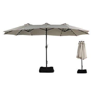 15ft patio umbrella with base included and led lights, outdoor market extra large umbrella, outdoor patio table umbrella, pool umbrella for deck, pool, garden, lawn,Beige
