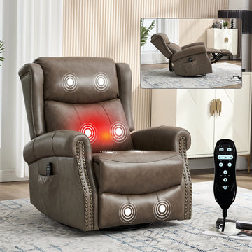 Heat Massage Manual Recliner Chair with Rocker and Swivel in Genuine Leather for Living Room, Brown