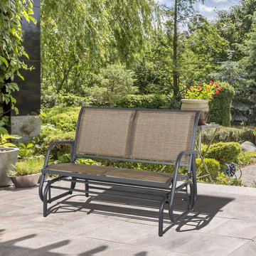 2-Person Outdoor Glider Bench, Patio Double Swing Rocking Chair Loveseat w/ Powder Coated Steel Frame, Brown