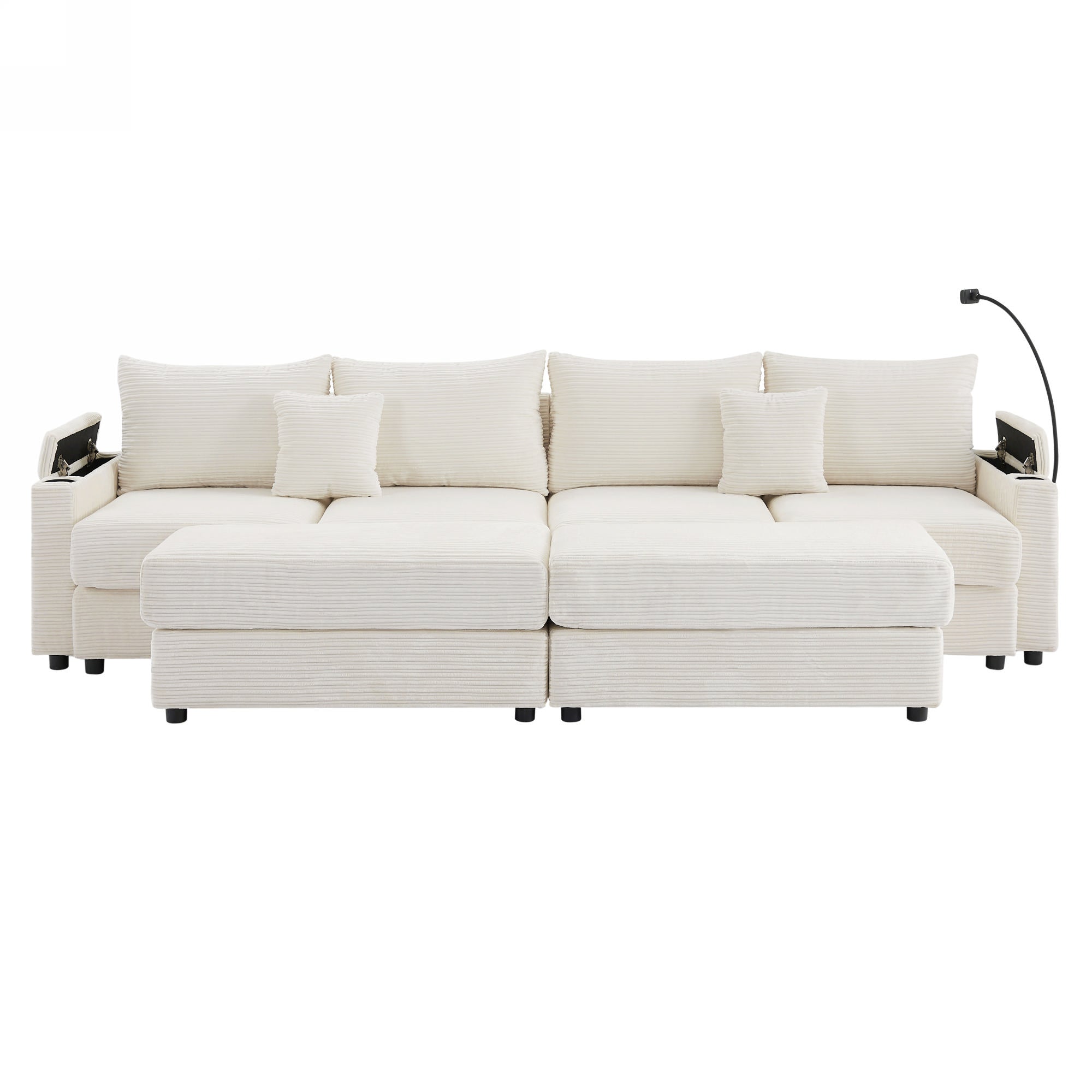 123.2" Modern Style 4-seater Sofa Sectional Sofa Couch with Storage Space, Two Movable Ottomans, Two USB Ports, Two Cup Holders, A Phone Holder for Living Room, Beige