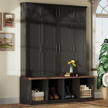 ON-TREND Farmhouse Hall Tree with 4 Hidden Hanging Hooks, Versatile Walnut Seating Bench with 8 Doors, Entryway Shoe Cabinet with Open Compartments for Living Room, Black/White/Blue