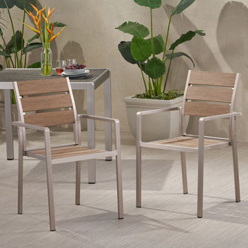Modern Outdoor Dining Chair with Wood-Look Finish – Durable Aluminum Frame, Rust-Resistant Patio Seating