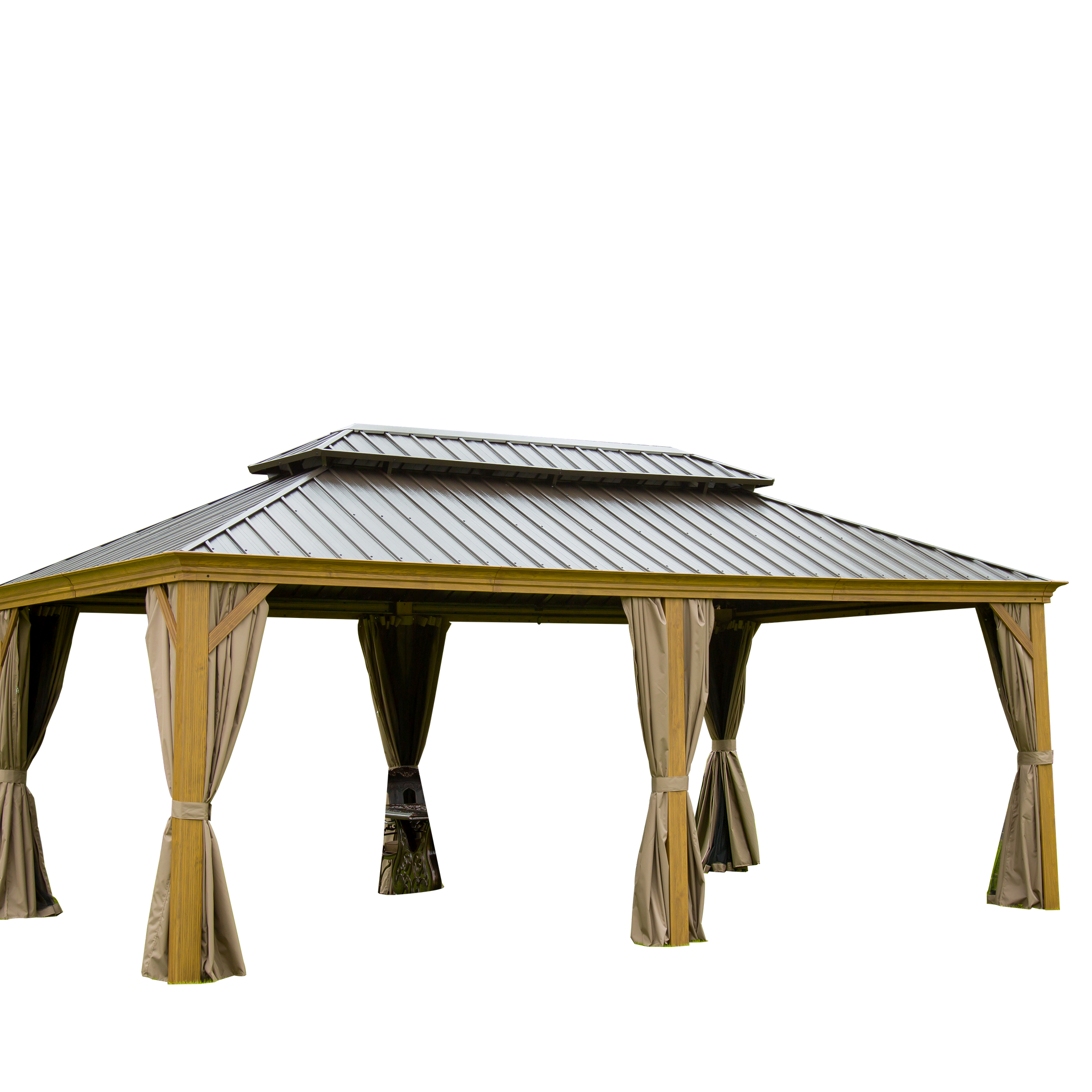 Outdoor Living 14x20FT Hardtop Gazebo, Permanent Metal Gazebo with Galvanized Steel Double Roof and Aluminum Frame, Curtain and Netting, Large Pavilion Gazebo, Wood Looking