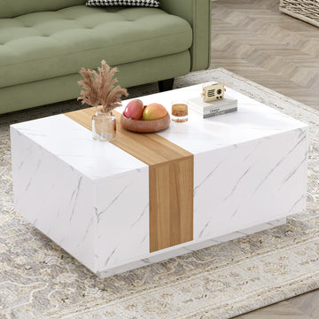 Modern 35.4 x 23.6 Inch Two-tone Coffee Table with Faux Marble and Walnut Wood Grain Finish, Rectangular Center Table with 2 Storage Drawers, Practical Cocktail Table for Living Room, White/Black