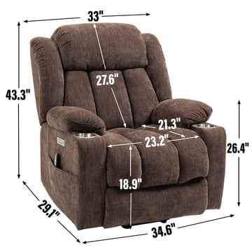 Clihome Up to 350 LBS Chenille Power Lift Recliner Chair Heavy Duty Motion Mechanism with 8 Point Vibration Massage and Lumbar Heating USB and Type C Ports Stainless Steel Cup Holders Brown