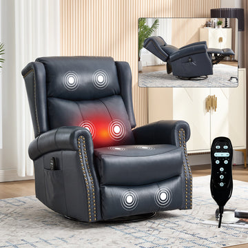 Heat Massage Manual Recliner Chair with Rocker and Swivel in Genuine Leather for Living Room, Blue