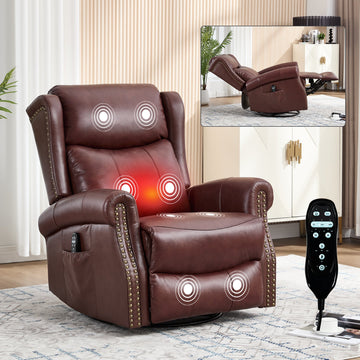 Heat Massage Manual Recliner Chair with Rocker and Swivel in Genuine Leather for Living Room, Red