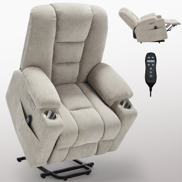 Power Lift Recliner Chair with Massage and Heat for Elderly, Overstuffed Wide Recliners, Heavy Duty Motion Mechanism with USB and Type C Ports, 2 Steel Cup Holders, Beige/Blue/Brown/Grey