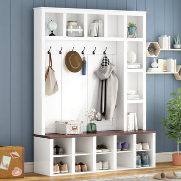 ON-TREND Farmhouse Wooden Style Hall Tree with 6 Hooks, Practical Walnut Storage Bench with Adjustable Shelves, 4-in-1 Entryway Shoe Cabinet with 13 Cubbies for Mudroom, Living Room, White/Black, 76.7