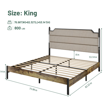 King Size Bed Frame with Upholstered Headboard , Queen Bed Frame with Charging Station and LED Lights, Wood Slats, Easy Assembly,No Box Spring Needed,Industrial Brown